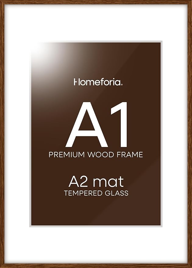 Homeforia A1 Poster Frame Brown, High End Dark Oak 23.4 x 33.1 Wooden Picture Frames Matted to 16.5 by 23.4 Photo, A1 Walnut Wood Frame with Mat A2, 23.4x33.1 Frame, Tempered Glass, Wall Kit, Set of 1-Ruum Studio Home