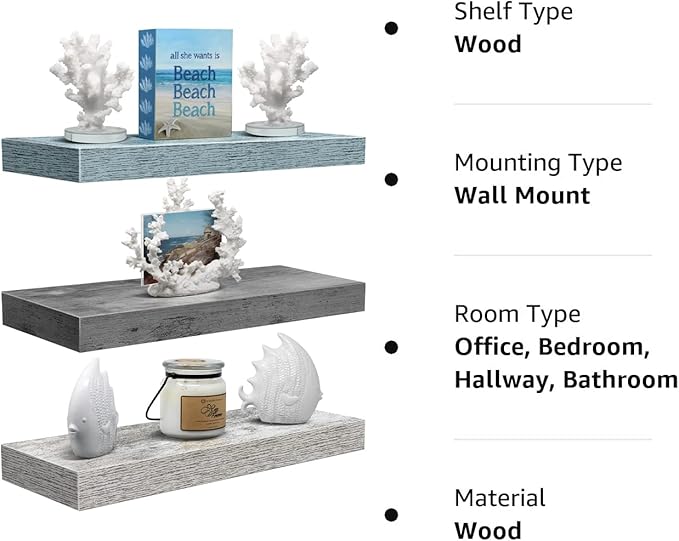 Sorbus Floating Shelves - 3 Pack 16 Inch Rustic Grey Blue Rustic Wall Shelves for Bedroom, Kitchen, Living Room, Bathroom Shelves, Home Decor, Office - Floating Shelf for Trophies, Frames-Ruum Studio Home
