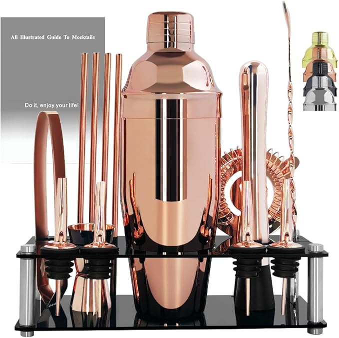 14-Piece Cocktail Shaker Set Bartender Kit with Black Stand, Bar Tool Set for Drink Mixing Bartending Kit Bar Sets Accessories: 750ml(25oz) Shaker, Jigger, Muddler, Cocktail Recipes (Rose Gold)-Ruum Studio Home