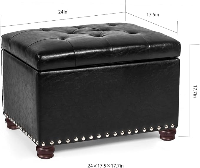 24'' Leather Storage Ottoman Rectangular Foot Rest Stool with Nailhead Trim Toy Chests & Storage Room Organizer for Bedroom Living Room(Black)-Ruum Studio Home