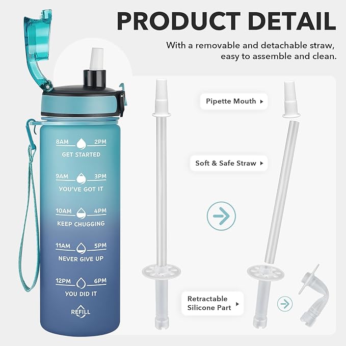 Enerbone Water Bottle, Leakproof BPA & Toxic Free, Motivational Water Bottle with Times to Drink and Straw, Fitness Sports Water Bottle with Strap for Office, Gym, Outdoor Sports-Ruum Studio Home