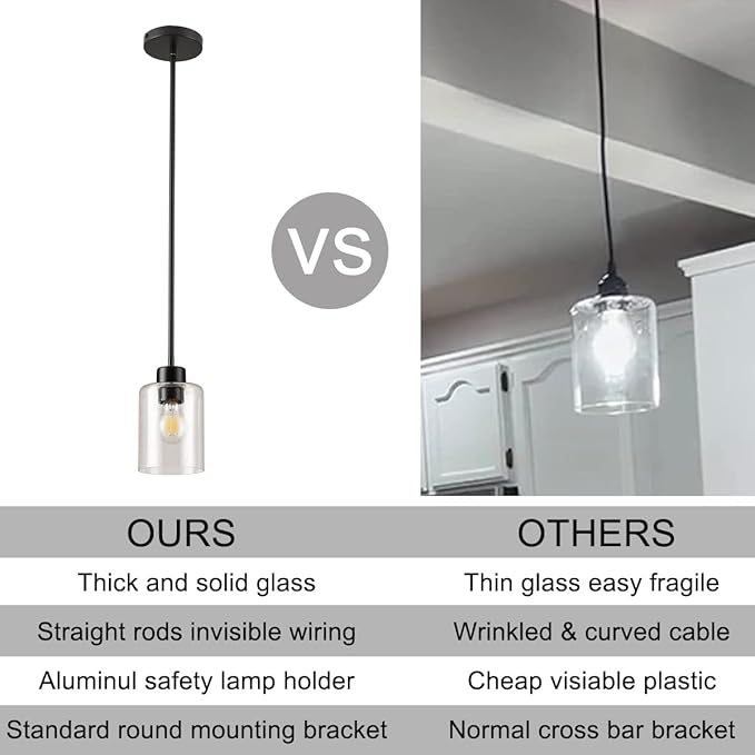 Black Pendant Lights Kitchen Island - Seeded Glass Pendant Light Fixture Multiple Stems Rods 3 Units 12 Inch 3 Units 4 Inch (1 Pack Black Seeded Downrod)-Ruum Studio Home