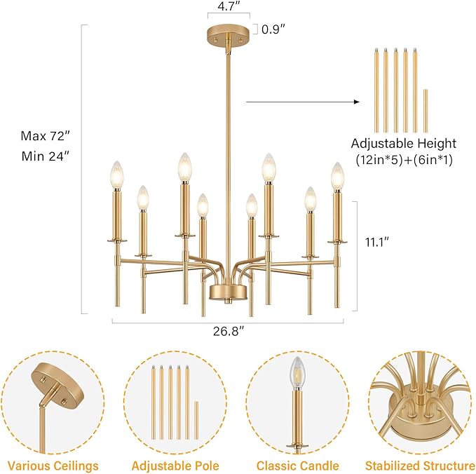 8 Light Gold Chandelier Light Fixture, Modern Farmhouse Chandeliers for Dining Room Light Fixture, Metal Candle Pendant Chandelier for Foyer Entryway Stairs Living Room Bedroom Kitchen-Ruum Studio Home