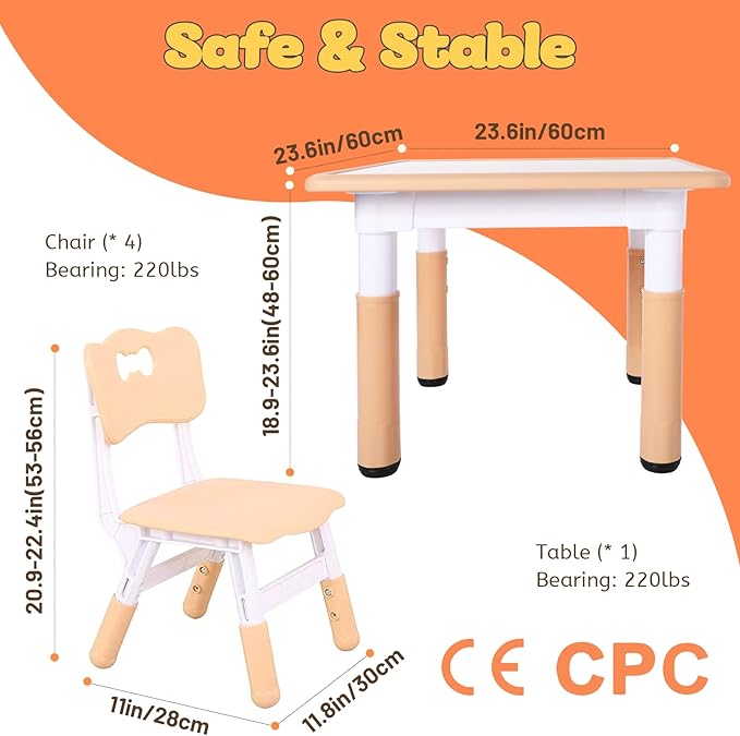 FUNLIO Kids Table and 4 Chairs Set, Height Adjustable Toddler Table and Chair Set for Ages 3-8, Easy to Wipe Arts & Crafts Table, for Classrooms/Daycares/Homes, CPC & CE Approved（5-Piece Set）-Ruum Studio Home