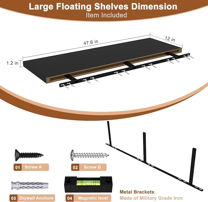 48 Inch Floating Shelf 1 Pack Large Floating Shelves for Wall No Drilling Accessories Included Deep Wall Shelves for Living Room Kitchen Farmhouse 48" W x 12" D x 1.2" Black-Ruum Studio Home