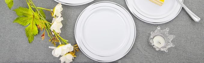 FLOWERCAT 60PCS Silver Plastic Plates - Heavy Duty White and Silver Plastic Plates Disposable - Include 30PCS 10.25inch Dinner Plates and 30PCS 7.5inch Dessert Plates for Wedding&New Year-Ruum Studio Home
