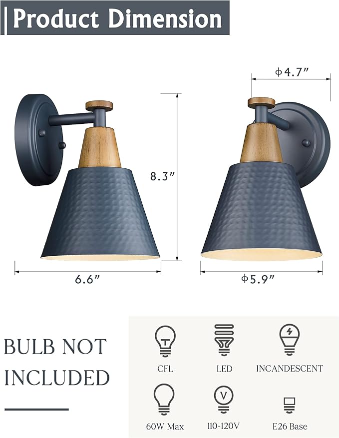 FEMILA 1-Light Wall Sconces, Modern Sconces Wall Lighting with Hammered Metal Shade, Bathroom Vanity Light Fixtures Wall Lamp for Mirror Bedroom, Dark Blue,4FG59B Blue-Ruum Studio Home