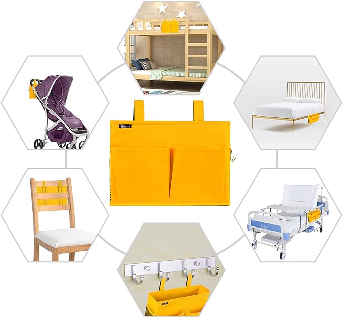 Surblue Bedside Caddy Hanging Bed Organizer Storage Bag Pocket for Bunk and Hospital Beds, College Dorm Rooms Baby Bed Rails, Camp 4 Pockets and 2 Hooks (Small, Yellow)-Ruum Studio Home