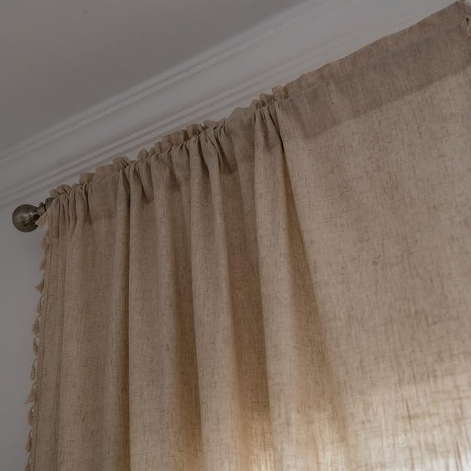Sutuo Home Boho Curtain 63 Inches Long for Bedroom, Natural Linen Look Textured Burlap Rod Pocket Chic Semi Blackout Bohemian Handmade Tassels Window Treatment for Living Room, 1 Panel 59" W x 63" L-Ruum Studio Home