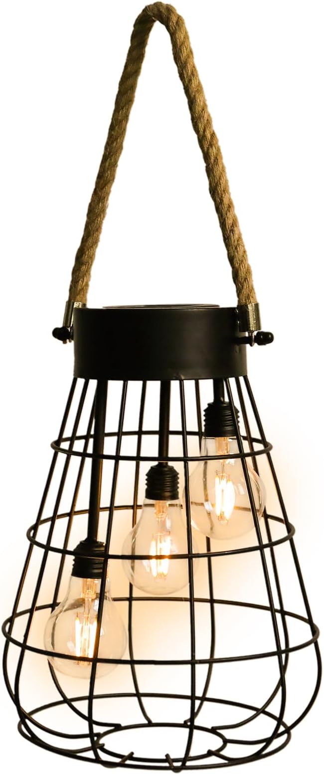Solar Hanging Lantern with Rope, Vintage Industrial Pendant Light, 12.8" Solar Powered Outdoor Lantern, IP65 Waterproof Garden Light, Warm White Glow, Rechargeable for Patio, Porch, Yard Decor-Ruum Studio Home