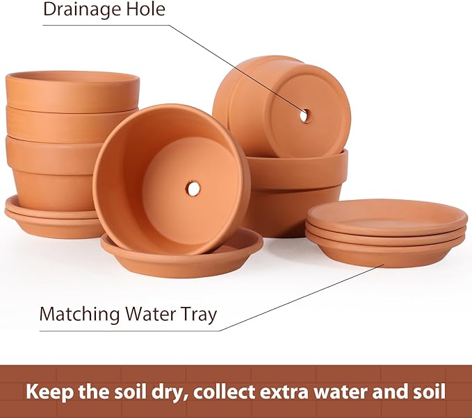 INGOFIN 5 Inch Terracotta Shallow Pots Set with Saucer - Ceramic Clay Pots with Drainage Hole, Terra Cotta for Plants for Indoor Outdoor Plants, Set of 6-Ruum Studio Home