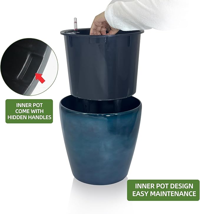 Dexceder 15x14 Self Watering Planter with Wheels Indoor Outdoor, Inner Pot Design, Thickened Large Floor Standing Flower Plant Pot with Water Level Indicator (Grayish Green Gradient)-Ruum Studio Home