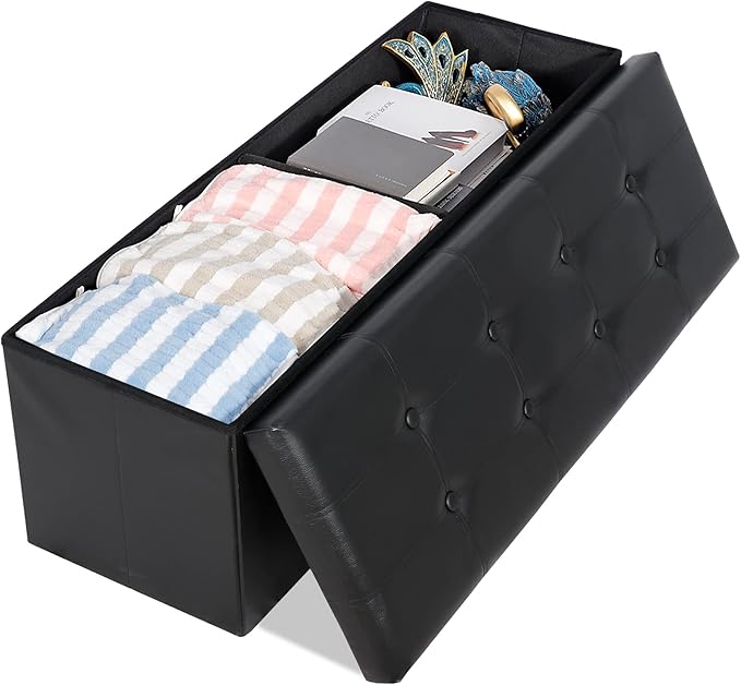 SUPER DEAL 43 Inch Folding Storage Ottoman Bench, Faux Leather Storage Chest Shoes Bench with Divider Padded Seat Couch Footrest for Bedroom Entryway, 660 lbs Capacity 43"x 15"x 15", Black-Ruum Studio Home
