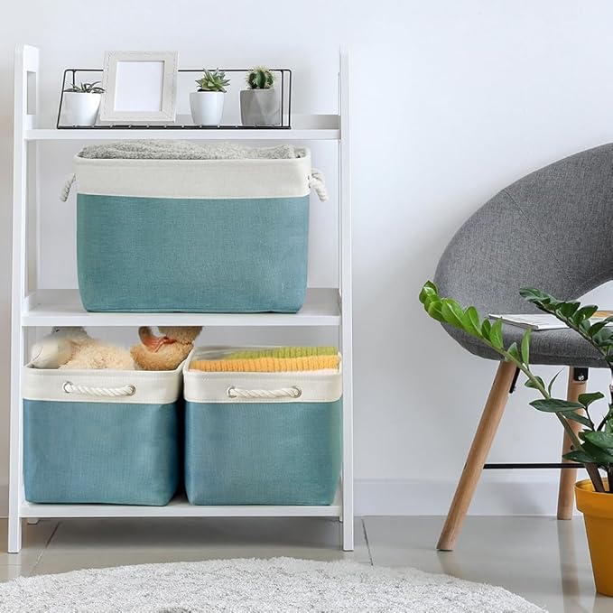 TheWarmHome Organization and Storage basket for Organizing - 3 Pack 16x12x12 inch Cube Storage Bin for Shelves, Fabric Storage Cubes for Organizer Cloth Closet Toy Box (White & Green)-Ruum Studio Home