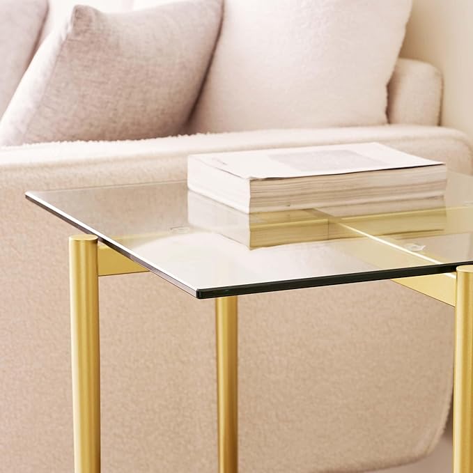 Glass End Table, Mid-Century Modern Design Sofa Table, for Living Room, 2-Tier Structure, Clear Glass Top and Walnut MDF Shelf, Sleek Conical Metal Legs with Gold Finish Frame-Ruum Studio Home