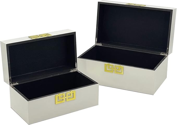 Galt International Large & Small Decorative Storage Box w/Hinged Lid - Classic Design Wood Decor Boxes with Geometric Opening Clasp - Home & Office Storage - Set of 2 (White + Gold)-Ruum Studio Home