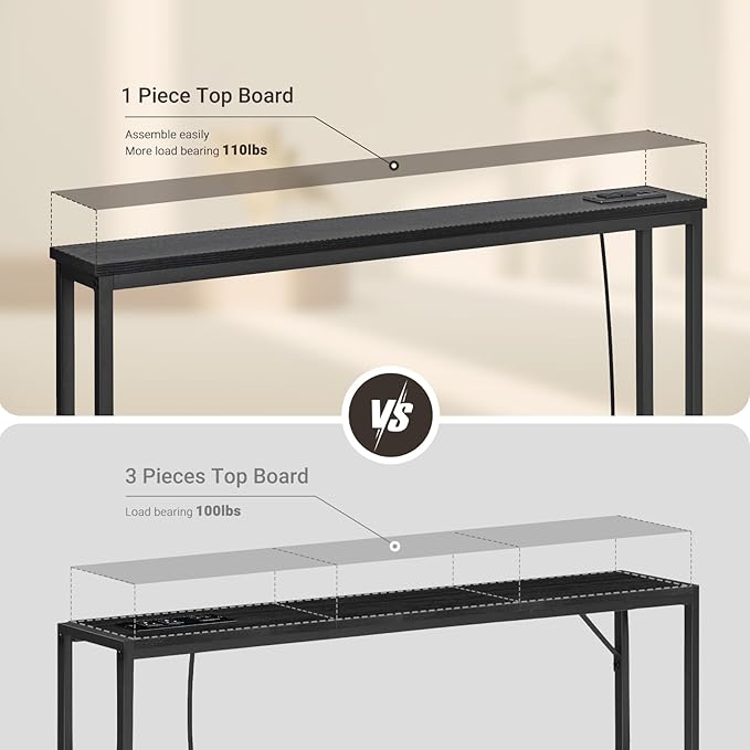 ELYKEN 5.9" Narrow Console Sofa Table with Power Outlets, 5.9" Dx39.4 Wx31.1 H Long Black Behind Couch Table with Metal Frame and Charge Station with 6.5’ Extension Cord-Ruum Studio Home