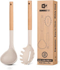 Silicone Pasta Fork and Ladle Spoon Set with Wooden Handle, Heat Resistant Non Stick Kitchen Utensils for Cooking, Stirring, Serving Spaghetti, Soup, Sauce(KHAKI)-Ruum Studio Home