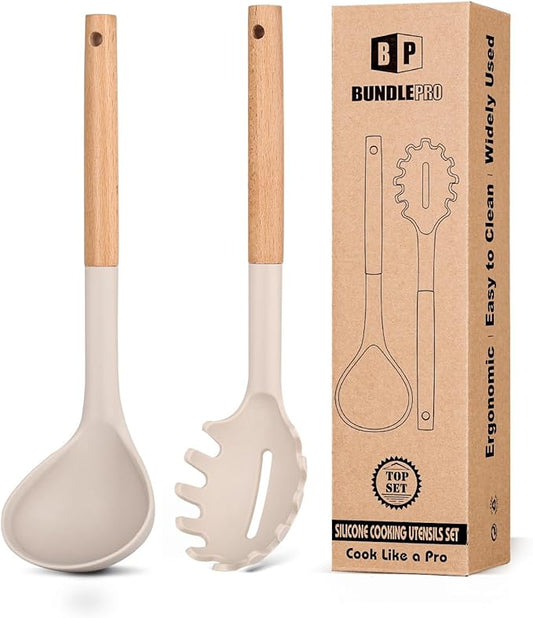 Silicone Pasta Fork and Ladle Spoon Set with Wooden Handle, Heat Resistant Non Stick Kitchen Utensils for Cooking, Stirring, Serving Spaghetti, Soup, Sauce(KHAKI)-Ruum Studio Home