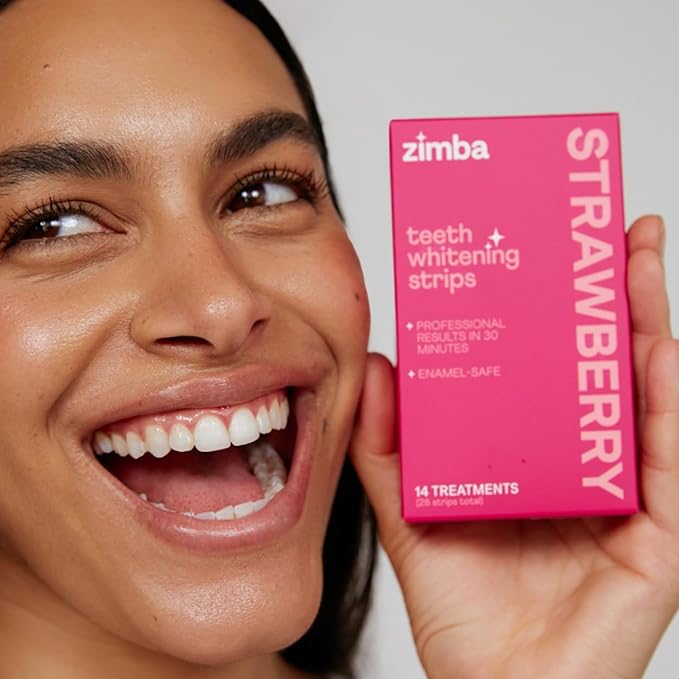 Zimba Strawberry Flavored Teeth Whitening Strips | Vegan, Enamel Safe Hydrogen Peroxide Teeth Whitener for Coffee, Wine, Tobacco, and Other Stains | 14 Day Treatment | Strawberry-Ruum Studio Home