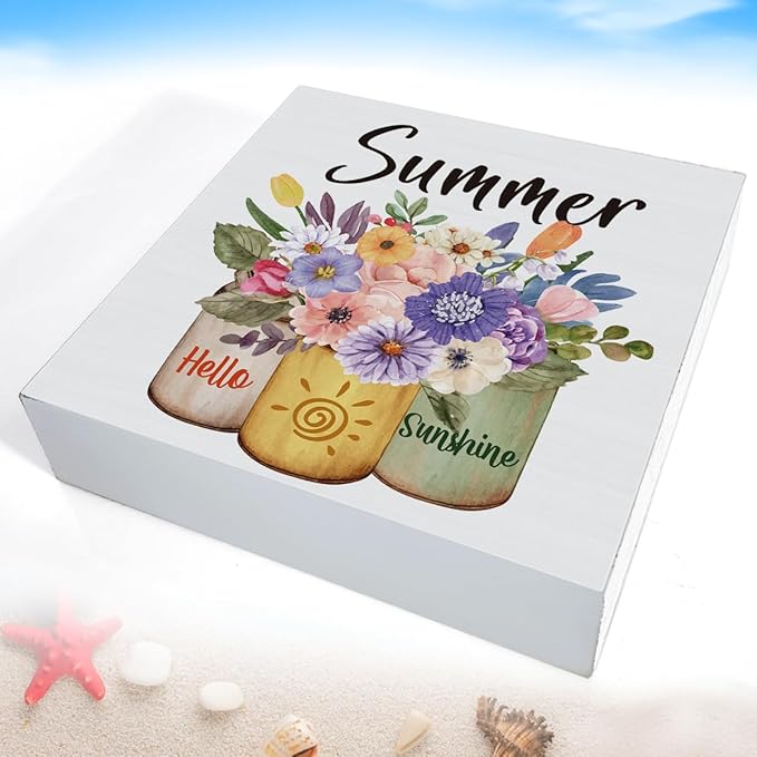 Summer Decor Farmhouse Summer Decorations Hello Sunshine Wooden Sign Rustic Home Decor 5 x 5 Inches-Ruum Studio Home