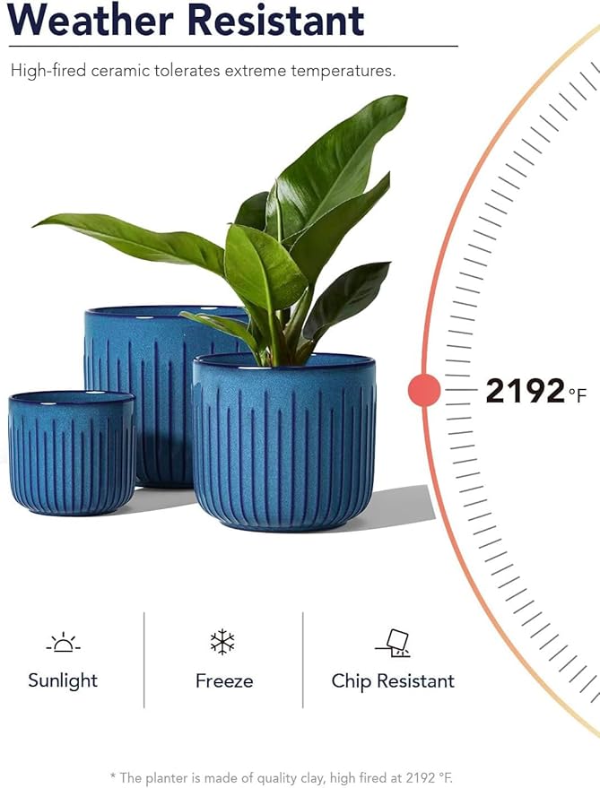 LE TAUCI Fluted Ceramic Planters Set of 3 – 8.3/7 / 5.7 in Ocean Blue Reactive Cylinder Indoor Plant Pots with Drainage Plug & Mesh, Glossy Stoneware Flower Pots for Succulents Herbs-Ruum Studio Home