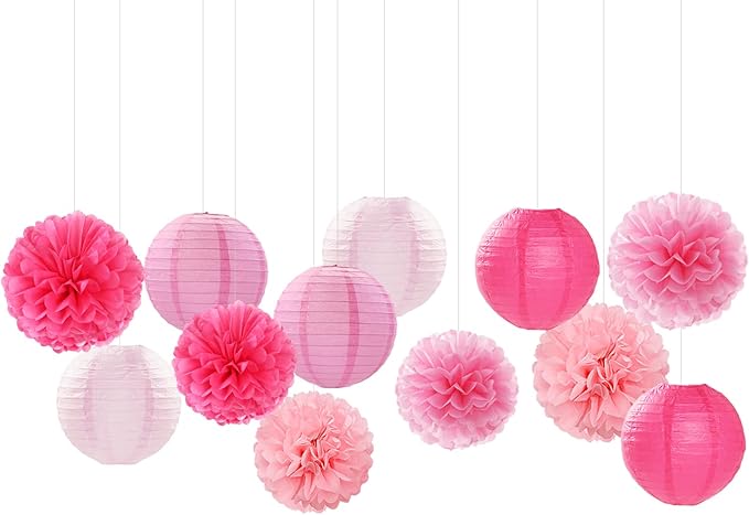 Light-Hot Pink Party-Decorations Paper-Flowers Lanterns - 15pcs Graduation Girl Birthday Decor Tissue Pom Poms Streamers, Bridal Baby Shower Wedding Bachelorette Valentine Hanging Supplies Hugfond-Ruum Studio Home