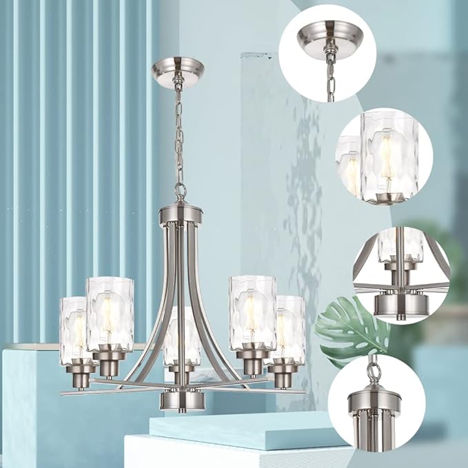 BONLICHT 5 Light Modern Chandeliers Brushed Nickel Kitchen Island Dining Room Lighting Fixtures Ceiling Hanging Clear Hammered Glass Pendant Lamp Transitional Pendant Lights for Living Room Foyer-Ruum Studio Home