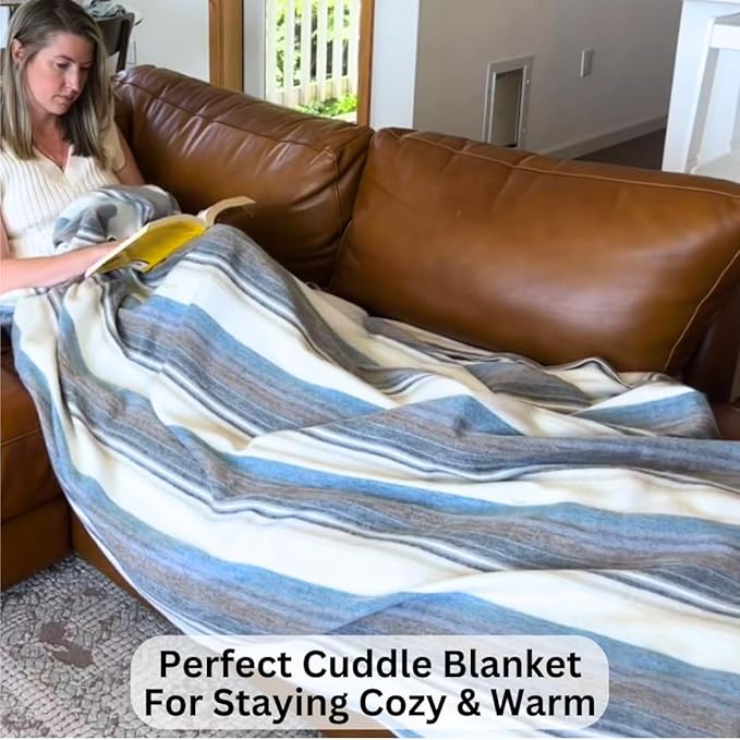 Alpaca Wool Throw Blanket | Super Soft, Lightweight, Breathable and Hypoallergenic | Non-Itchy or Scratchy (Blue White Varicolored, Queen (U.S. Standard))-Ruum Studio Home
