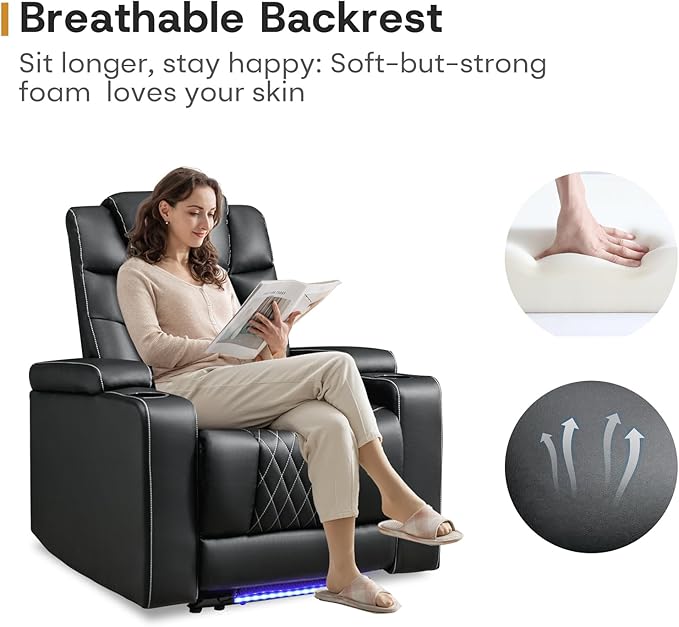 ANJ Power Recliner Chair with USB Port, Electric PU Leather Home Theater Seating for Living Room, Movie Reclining Chairs with Blue Ambient Lighting, Hidden Arm Storage, Cup Holders (Black)-Ruum Studio Home
