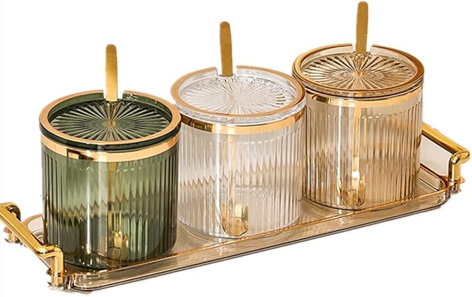 Acrylic Condiment Spice Jars,Condiment Spice Box With Lids and Spoons and Tray,Clear Plastic Sugar Salt Canisters,Seasoning Box 3 Pack,Seasoning Box Set for Kitchen to Storage Salt,Paprika,Sugar-Ruum Studio Home