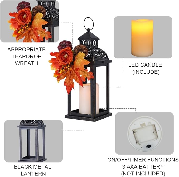 NEEDOMO Fall Decorations for Home, 2 Pcs 15'' Fall Lantern Indoor Outdoor Thanksgiving Decor, Vintage Metal Hanging Candle Holders with Fall Teardrop Wreath and LED Candle for Patio, Porch, Table-Ruum Studio Home