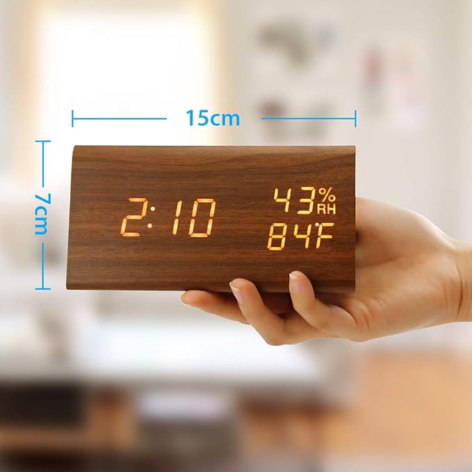 OCT17 Wooden Alarm Clock, Smart LED Digital Clock for Bedroom/desks, Upgraded with Time Temperature, Adjustable Brightness and Voice Control, Humidity Displaying - Brown-Ruum Studio Home