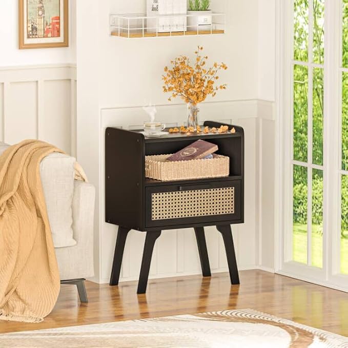 Lerliuo Rattan Nightstand, Bedside Table with Drawer Open Shelf, Cane Accent Side End Table with Solid Wood Legs, Black Mid Century Night Stand for Bedroom, Dorm and Small Spaces-Ruum Studio Home