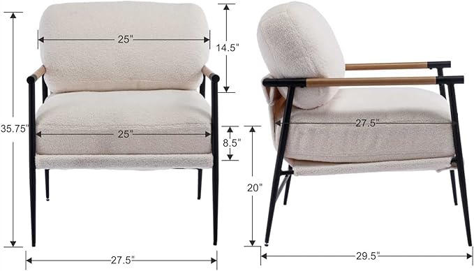 Mid-Century Accent Chair Set of 2, Soft Armchair Sherpa Fabric Lounge Chair with Black Metal Legs, Upholstered Leisure Chair for Living Room Bedroom Reception Room, White-Ruum Studio Home