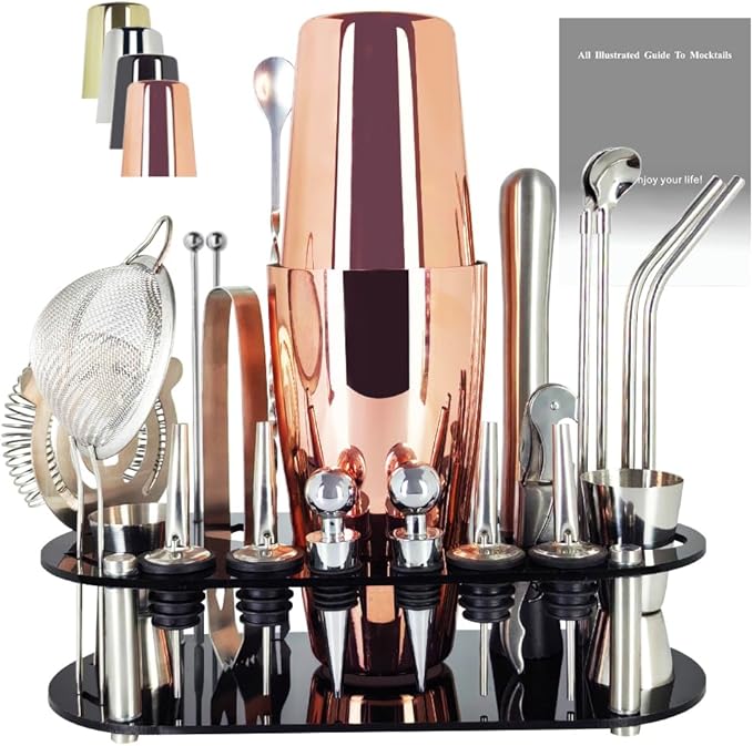 22-Piece Cocktail Shaker Set, 25/20oz Bartender Kit, Bartending Stainless Steel Bar Tools Sets for Drink Mixing, Boston Cocktail Shakers with Stand Recipes Booklet (Rose Gold-25-20oz)-Ruum Studio Home