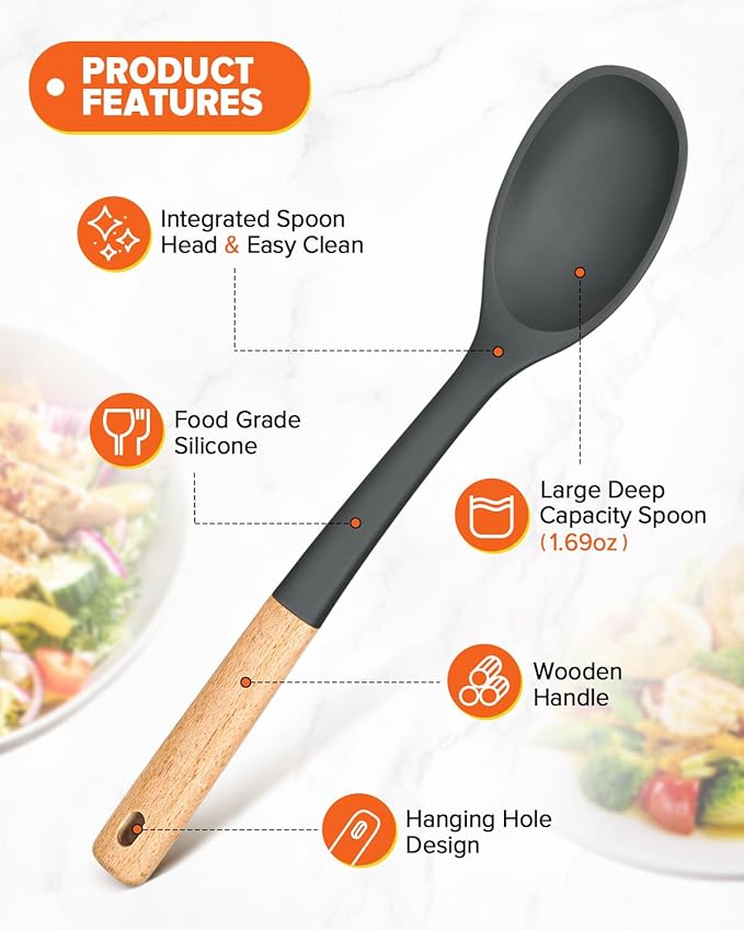 Silicone Cooking Spoons, Great for Scooping Sides and Serving Hearty Stews, BPA-Free Matte Silicone, Wooden Handle Serving Spoon for Nonstick Cooking Surfaces (Grey)-Ruum Studio Home
