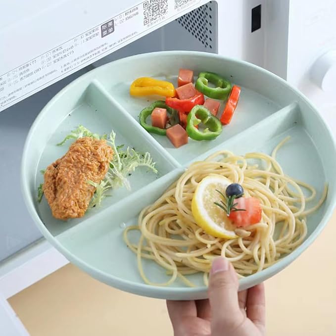 9" Unbreakable Divided Plates Set of 5, Wheat Straw Plate Reusable Dinnerware Portion Control Plates, Round Bariatric Plastic Plate for Kids Adults, BPA-free, Dishwasher Safe-Ruum Studio Home