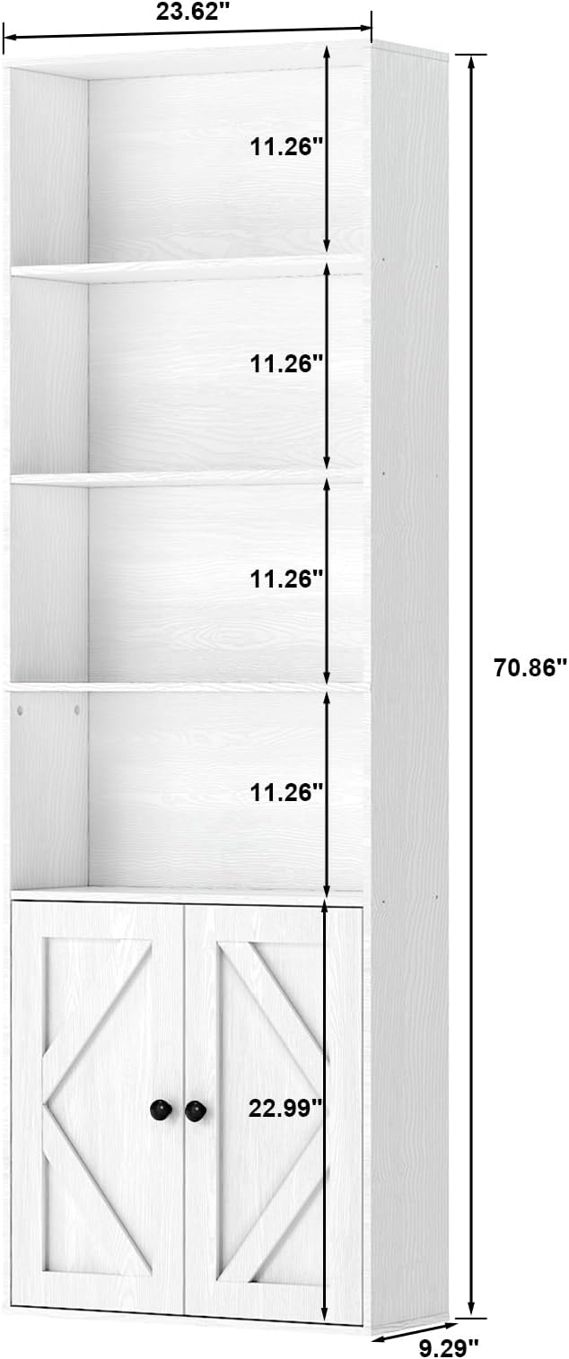 Tall White Bookcase with Doors – Wooden Bookshelf with Storage Cabinet & Shelves for Living Room, Bedroom, or Office-Ruum Studio Home