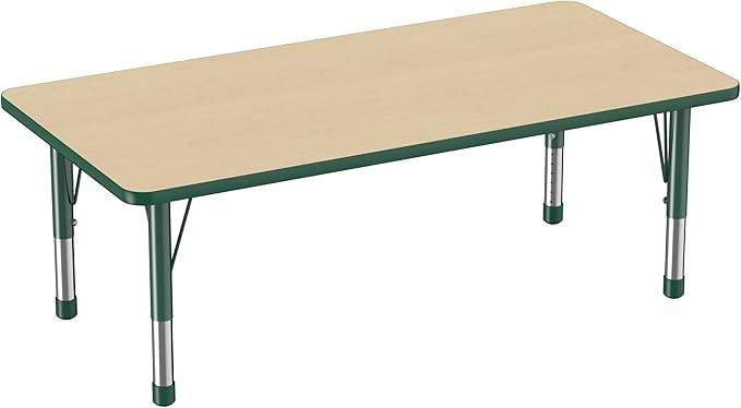 Factory Direct Partners FDP Rectangle Activity School and Classroom Kids Table (30 x 60 inch), Toddler Legs, Adjustable Height 15-24 inches - Maple Top and Green Edge-Ruum Studio Home