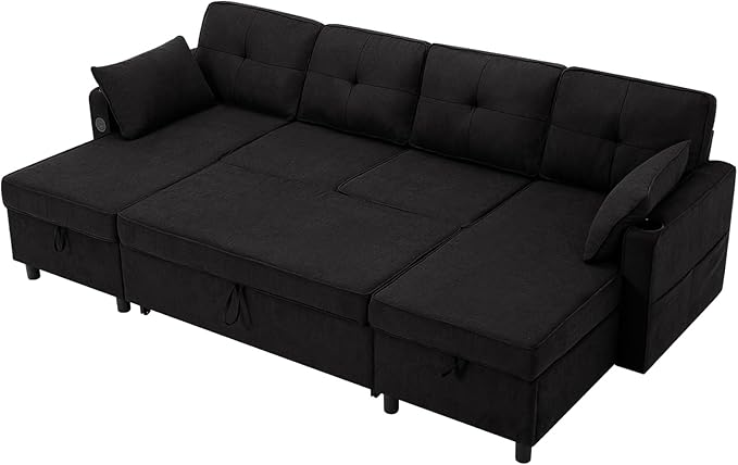110 Inches Chenille Sectional Sofa w/Pull Out Sofa Bed & Adjustable Back, Tufted U Shaped Couch w/Two Storage Chaises, Sleeper Sectional Sofa w/USB Port & Cup Holders for Living Room, Black-Ruum Studio Home