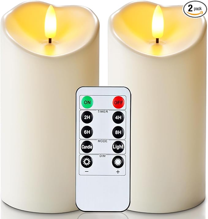 Homemory 6"x3" Outdoor Waterproof Flameless Candles, LED Candles, Battery Operated Candles with Remote and Timers, Electric Fake Plastic Pillar Candles, Ivory White, Set of 2-Ruum Studio Home