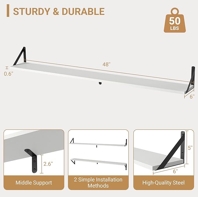 Heimlove 48 Inch Large Wall Bookshelves Set of 3, Wall Mounted Bookshelves,Heavy Duty Wooden Shelves for Living Room,Bedroom,Kitchen,Laundry Room Storage & Decor-Ruum Studio Home