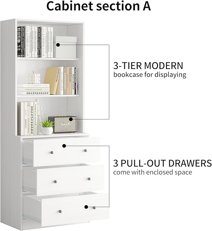 TUSY 71" Bookshelf Bookcase, 3-Tier Modern Bookshelves 3 Large Drawer, Wood Filing Cabinet with Open Storage Shelf, Glass Doors 5-Tier Fixed Storage Shelves for Home Office-Ruum Studio Home