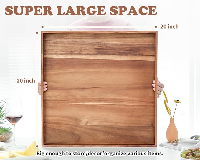 Large Ottoman Tray for Living Room, 20" Extra Large Tray for Ottoman Square Acacia Serving Trays with Handles for Coffee Table, Breakfast, Appetizers, Dinner-Ruum Studio Home
