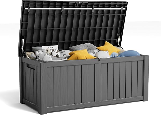 120 Gallon Resin Deck Box, Lockable Patio Outdoor Storage Box for Furniture, Garden Tools and Tools Storage, Waterproof Outside Storage Boxes - Black-Ruum Studio Home