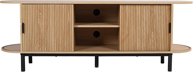62" Tambour Door TV Stand,Wood Mid Century Modern TV Cabinet for Up to 75“ TV,Curved Edge Long TV Stand with Storage for Bedroom Living Room (Natural, 62.2inch)-Ruum Studio Home