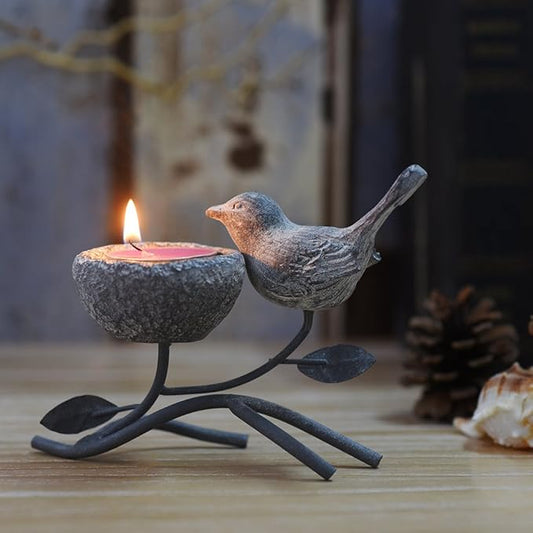 Marbrasse Votive Candle Holders, Vintage Home Decor Centerpiece, Iron Branches, Resin Bird and Nest, Tabletop Decorative TeaLight Candle Stands,Creative Artwork (Grey Black)-Ruum Studio Home