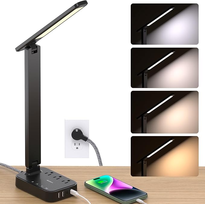 Addtam LED Desk Lamp, Power Strip with 3 Outlets 4 USB Charging Ports(2 USBC), 4 Modes 5 Level Brightness Touch Lamp, Small Desk Lamp for Home Office College Dorm Room Essentials-Ruum Studio Home