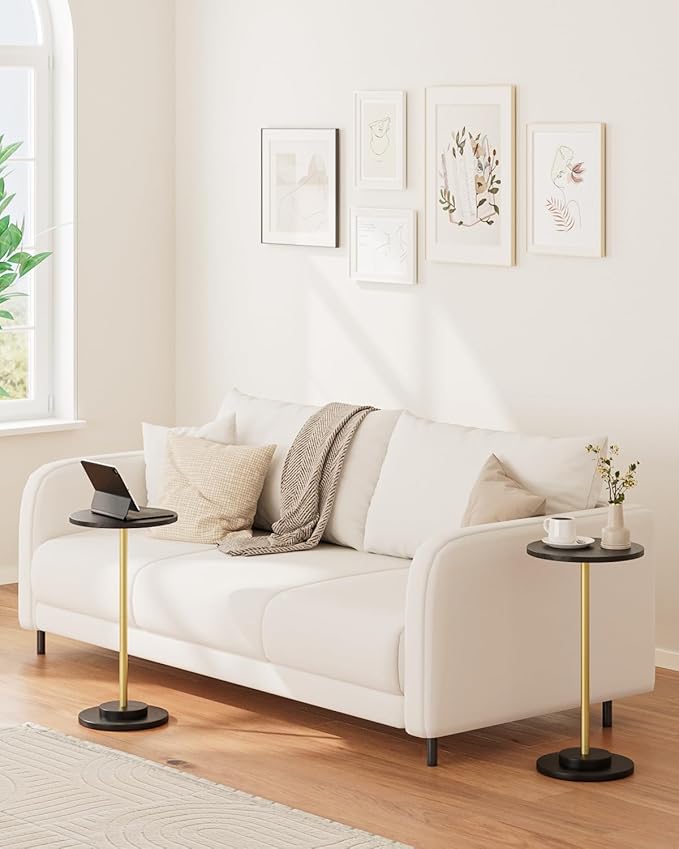 Masupu Drink Table, Round Side Table for Small Spaces, Pedestal Side Table, Small End Table with Metal Base, for Living Room, Bedroom, Bathroom, Black Gold-Ruum Studio Home